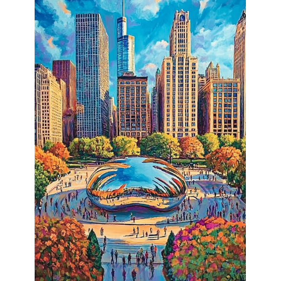 Chicago Cityscape Bean Cloud Gate Autumnal Canvas Painting/Wall Art, Perfect for Living Room,Office, Hotel Lobby, and Gallery Wall Decor.