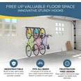 thumbnail image 5 of Koova Wall Mount Bike Storage Rack Garage Hanger for 3 Bicycles + Helmets | Fits All Bikes Even Large Cruisers / Big Tire Mountain Bikes | Heavy Duty Powder Coated Steel | Made In USA (3 Bik, 5 of 6