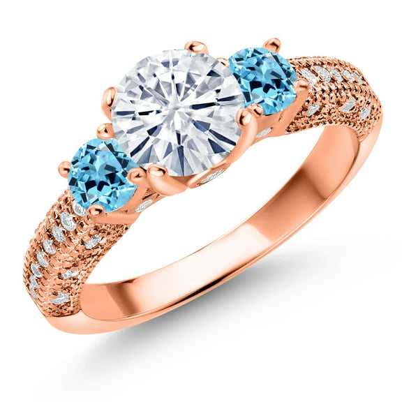Gem Stone King 18K Rose Gold Plated Silver White Moissanite and Swiss Blue Topaz Engagement Ring for Women (1.99 Cttw, Gemstone, Round 7MM and 4MM, Size 9)