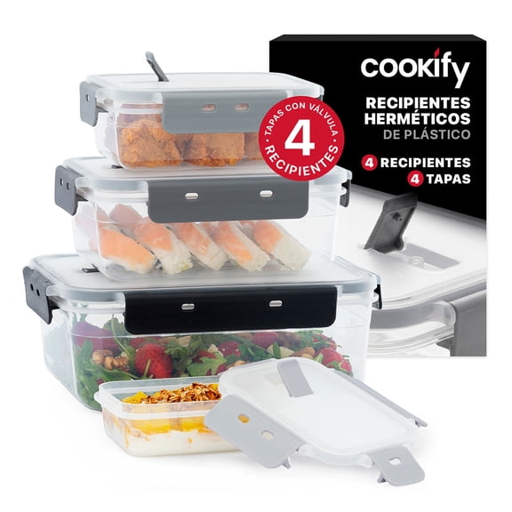 Set De 4 Contenedores De Plástico Para Alimentos Cookify Rectangular, Herméticos, Aptos para Microondas, Sin BPA