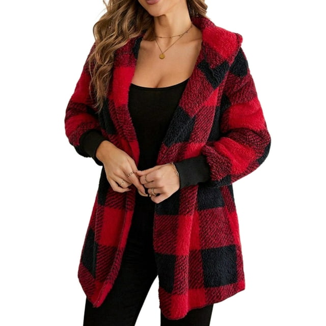 Innerwin Veste à Capuche Manches Longues Cardigan pour Femmes Manteau Confortable à Carreaux Rouge TP