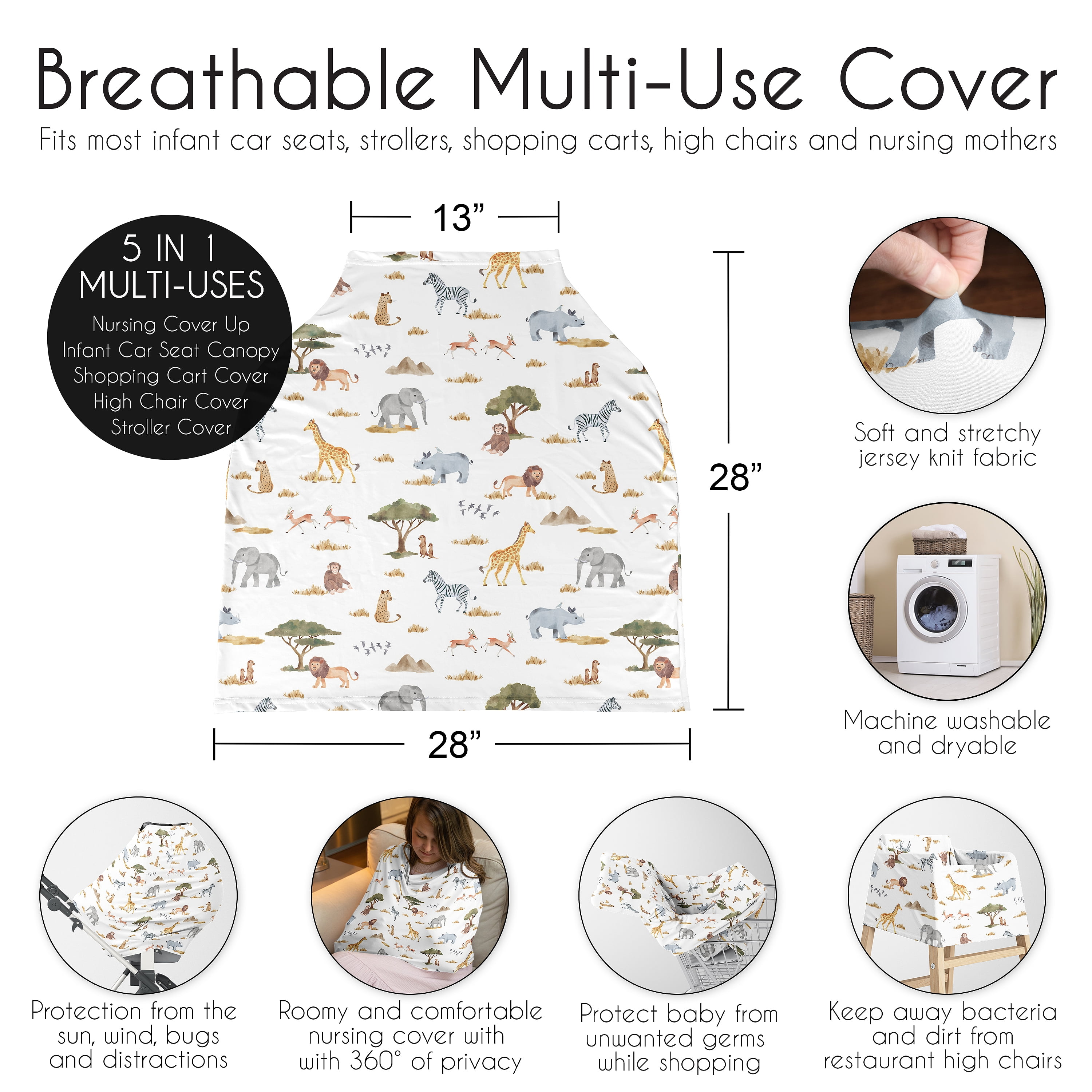 Sweet Jojo Designs Jungle Boy, Girl, Unisex/Gender Neutral Multi Use Baby Car Seat and Nursing Cover