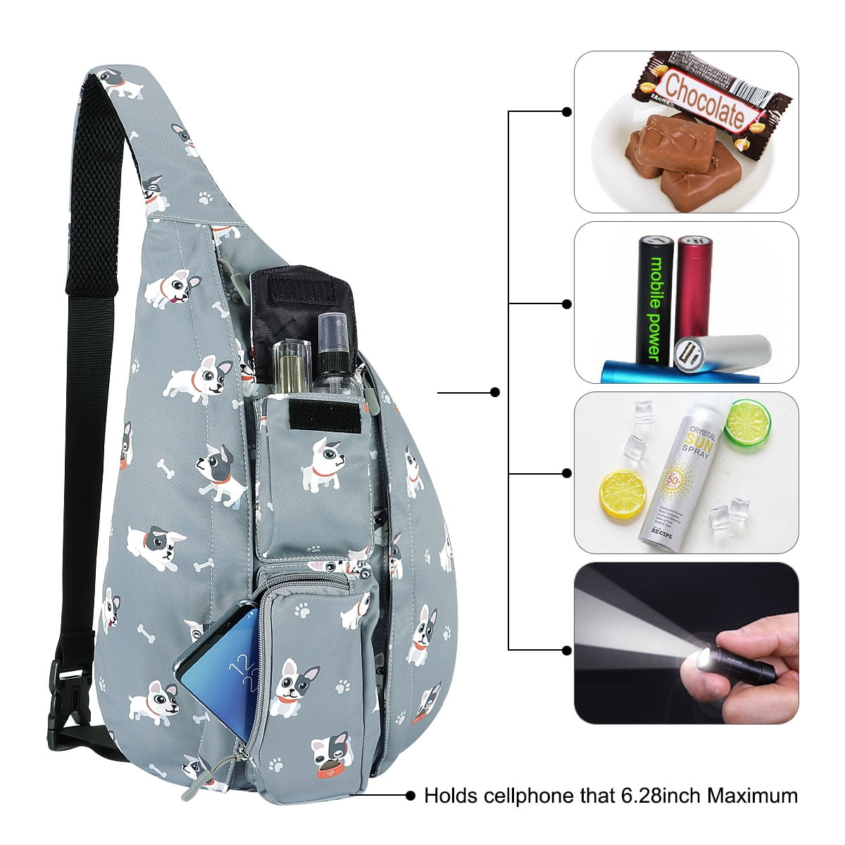 HAWEE Sling Backpack Hiking Backpack Chest Sling Bag Sports Travel Crossbody Daypack for Women, Grey + White Dog
