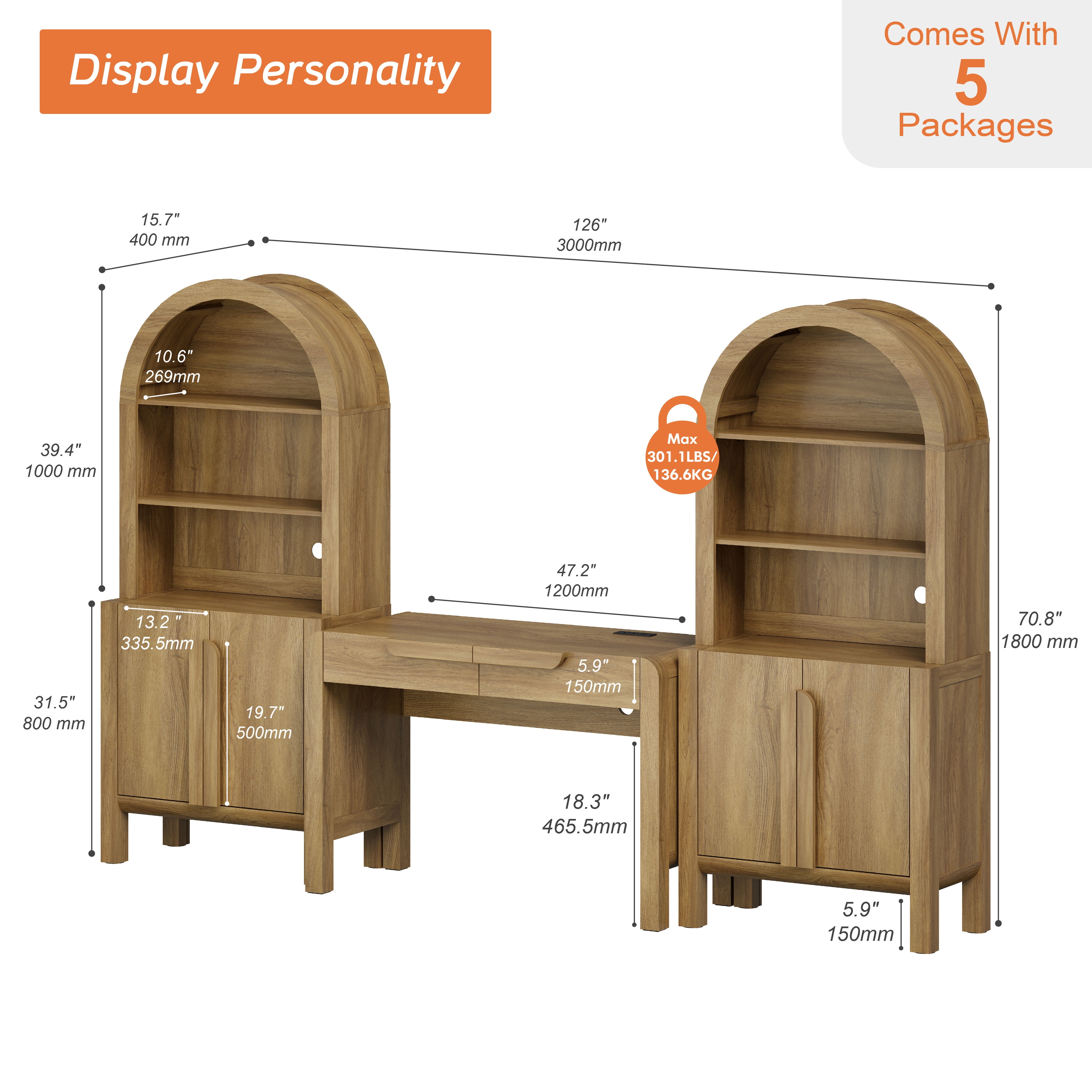 Home Office Set, 47" Modern Executive Desk with Charging Station and Drawers & 2 Piece 71"H Tall 5-Tier Arched Bookcases with Storage Cabinet for Living Room, Bedroom, Home Office