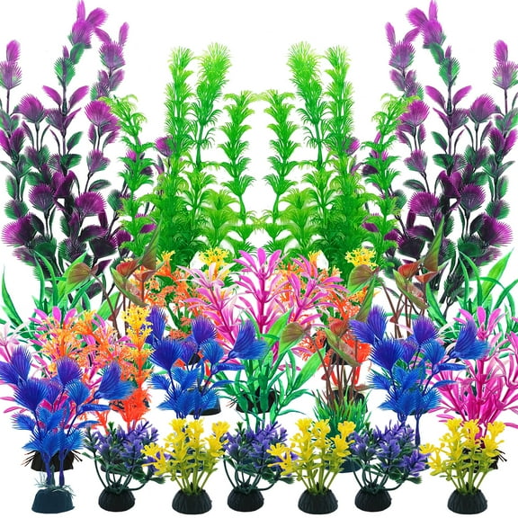 SLOCME 25 Pack Artificial Aquarium Plants Set – Colorful Plastic Fish Tank Plants Decorations for Fresh & Saltwater