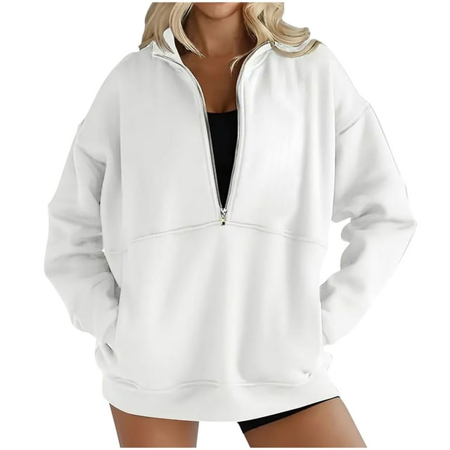 MeetoTime Half Zip Sweatshirt for Women Fleece Long Sleeve Collared Oversized Casual Sweatshirt with Pockets