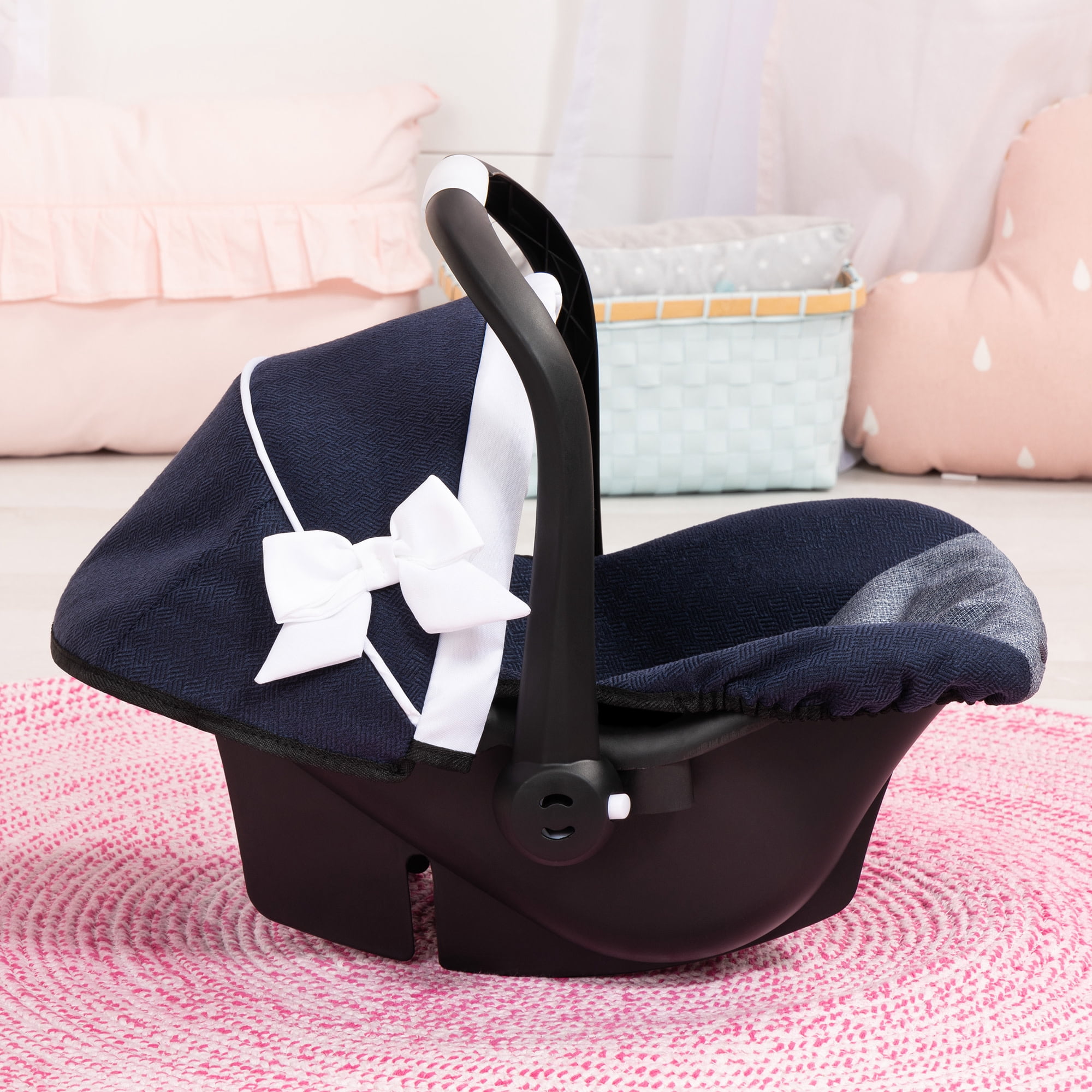 Bayer Design: Doll Deluxe Car Seat - Navy Blue & White - Portable Travel Carrier For Dolls Up To 18", Sunshade & Carry Handle, Use As Rocker, Kid 3+