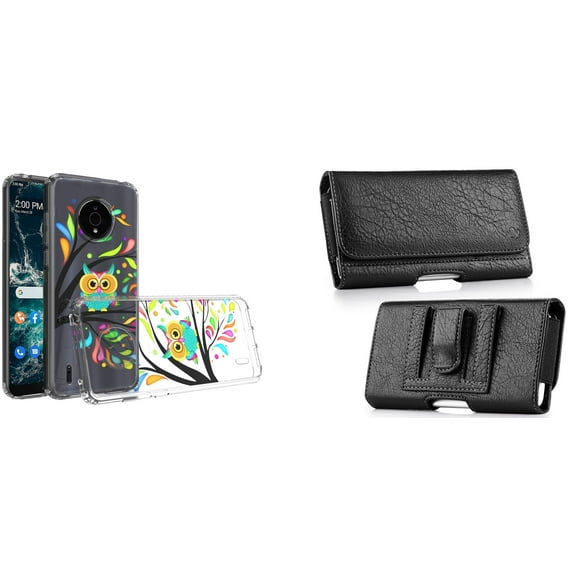 Case and Pouch Bundle for Nokia C200: Slim Series TPU Protector Case (Cute Owl) and PU Leather Coin Card Wallet Belt Holster