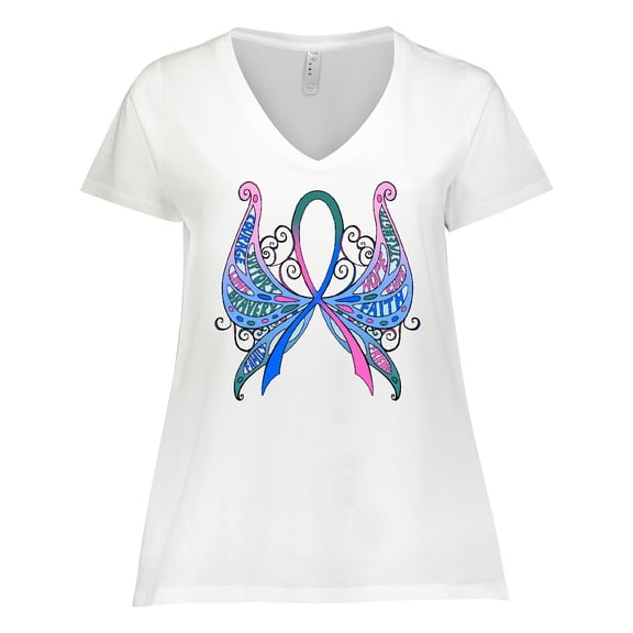 Inktastic Thyroid Cancer Awareness with Butterfly Ribbon Words Women's Plus Size V-Neck T-Shirt