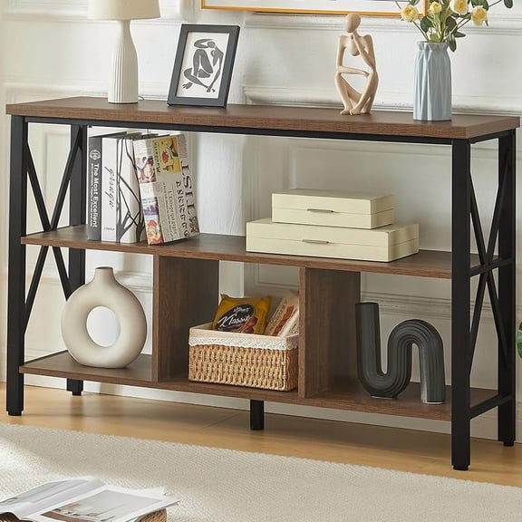 Console Table,Industrial Sofa Table with 3 Cubes,Entryway Table with Engineered Wood and Metal, Rustic 3 Tier Shelf for Hallway,Living Room,Brown,47 Inch