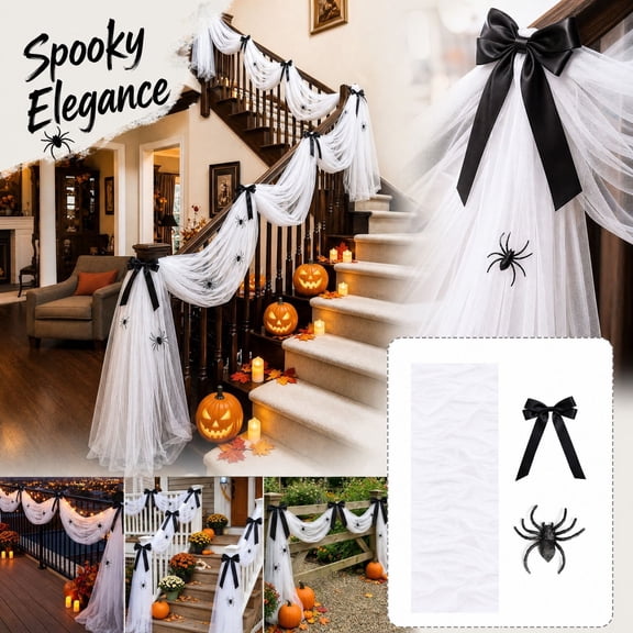 Halloween Porch Decorations White Mesh Railing Garland with Spiders Halloween Decorations and Bows, Scary Halloween Decorations Outdoor for Front Porch Halloween Decor, Halloween