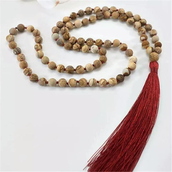 K-KED 8mm Picture Jasper Stone 108 Beads Handmade Tassel Necklace Buddhism Chakra Mala
