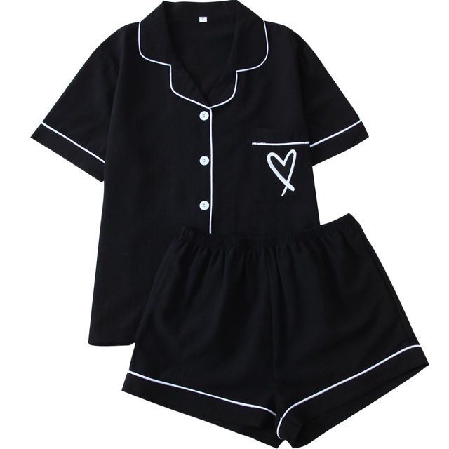 Besolor Pajama Set for Women Heart Print Short Sleeve Button down Shirts and Shorts Set 2 Piece Lounge Set Sleepwear