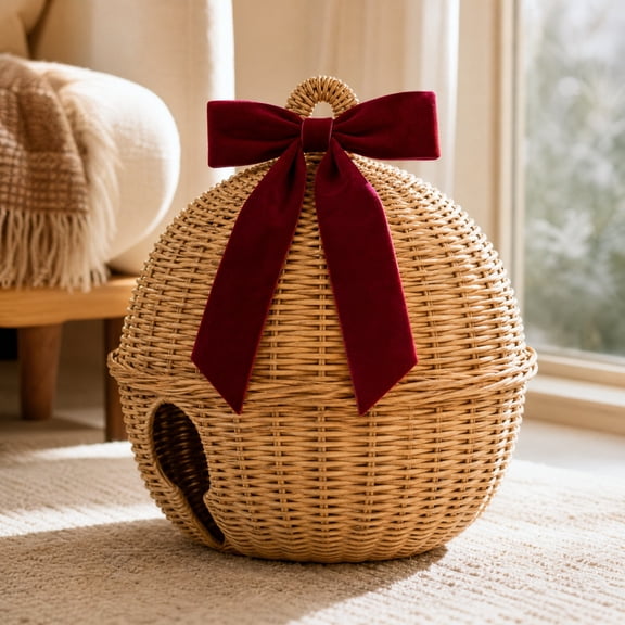 FeiBiQiuBi Woven Christmas Bell with Bow Ornament, Resin Jingle Bell Shaped Natural Rattan Tabletop Decor for Outdoor Indoor Decoration