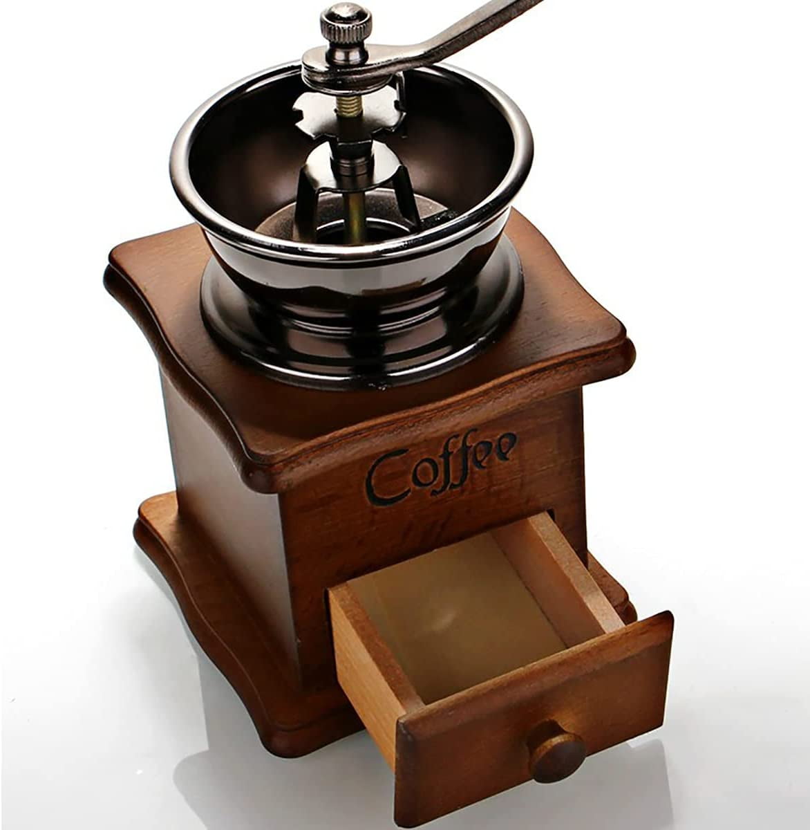 Wooden Manual Coffee Grinder Vintage Style Hand Coffee Mill Burr Coffee Grinder with Ceramic Hand Crank,Wooden Manual Coffee Grinder Cleaning Brush, Brown, 19 x 8.5 x 16 cm
