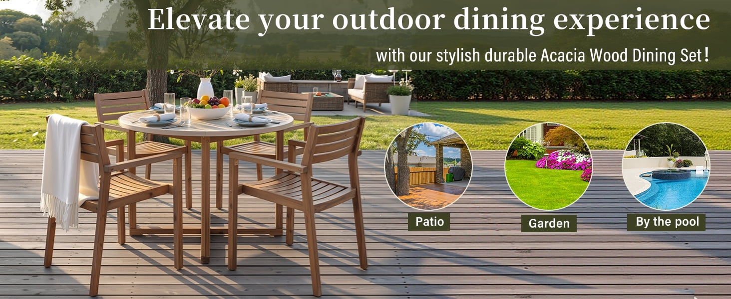 Mintazer 5 Piece Outdoor Patio Dining Set with 47.2" Round Table & 4 Chairs for Patio Lawn Garden & Indoor, Brown & White