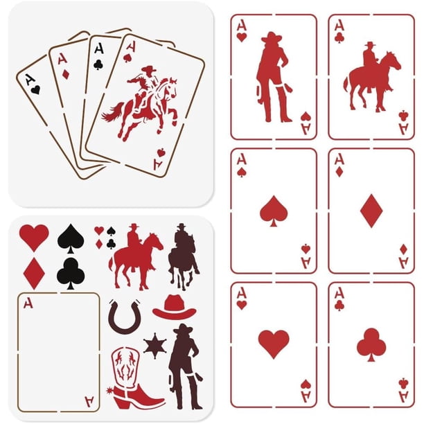 2 plantillas de póker vaquero para pintar, 30 x 30 cm, reutilizables, para cartas de juego. Plantillas para dibujar y manualidades estilo western.