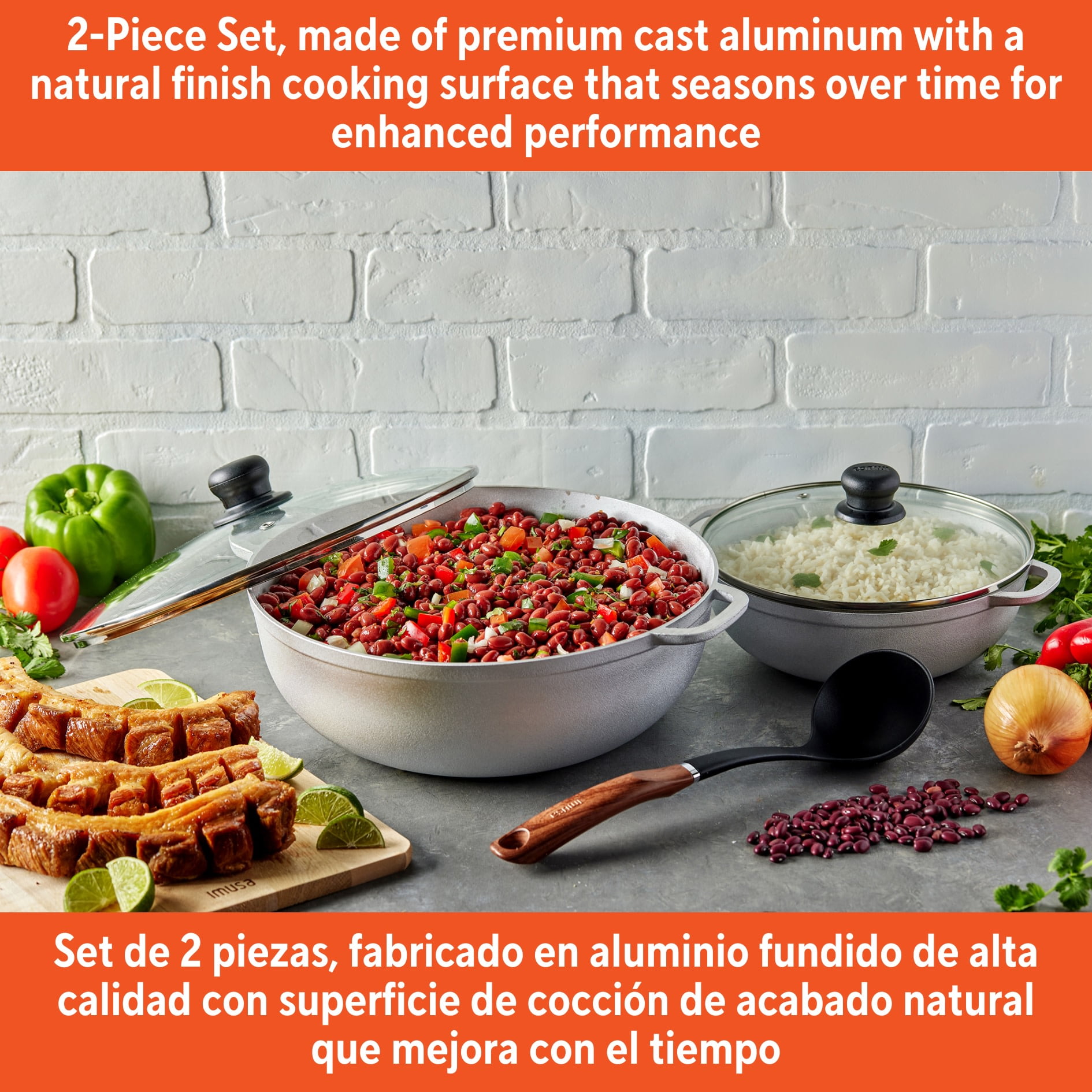 IMUSA 2.5/7.0qt Cast Aluminum Caldero 2pc Set with Glass lid - 22/30cm