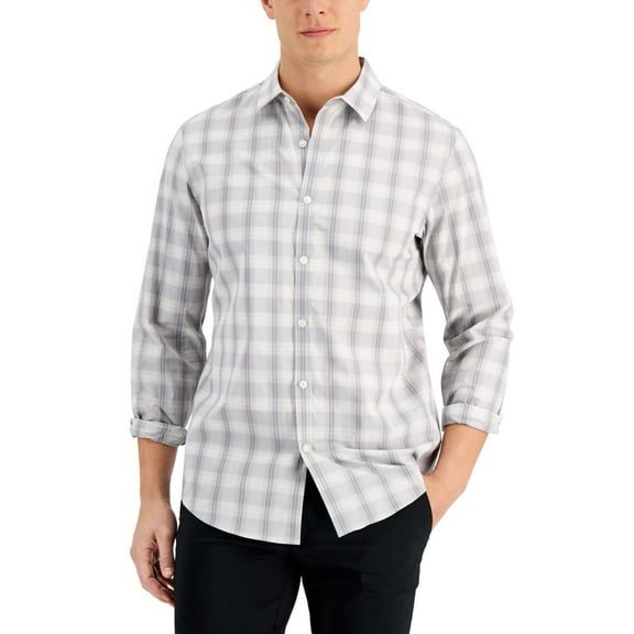 Alfani Men’s Regular-Fit Yarn-Dyed Plaid Poplin Shirt, Grey Heather, Medium
