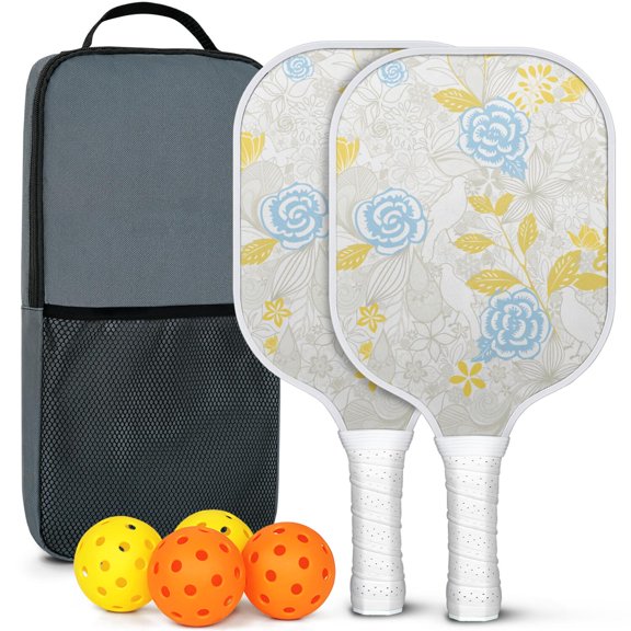 Pickleball Paddles Set Of 2, Fiberglass Surface, Spring Flowers Floral Print, 4 Balls & Bag
