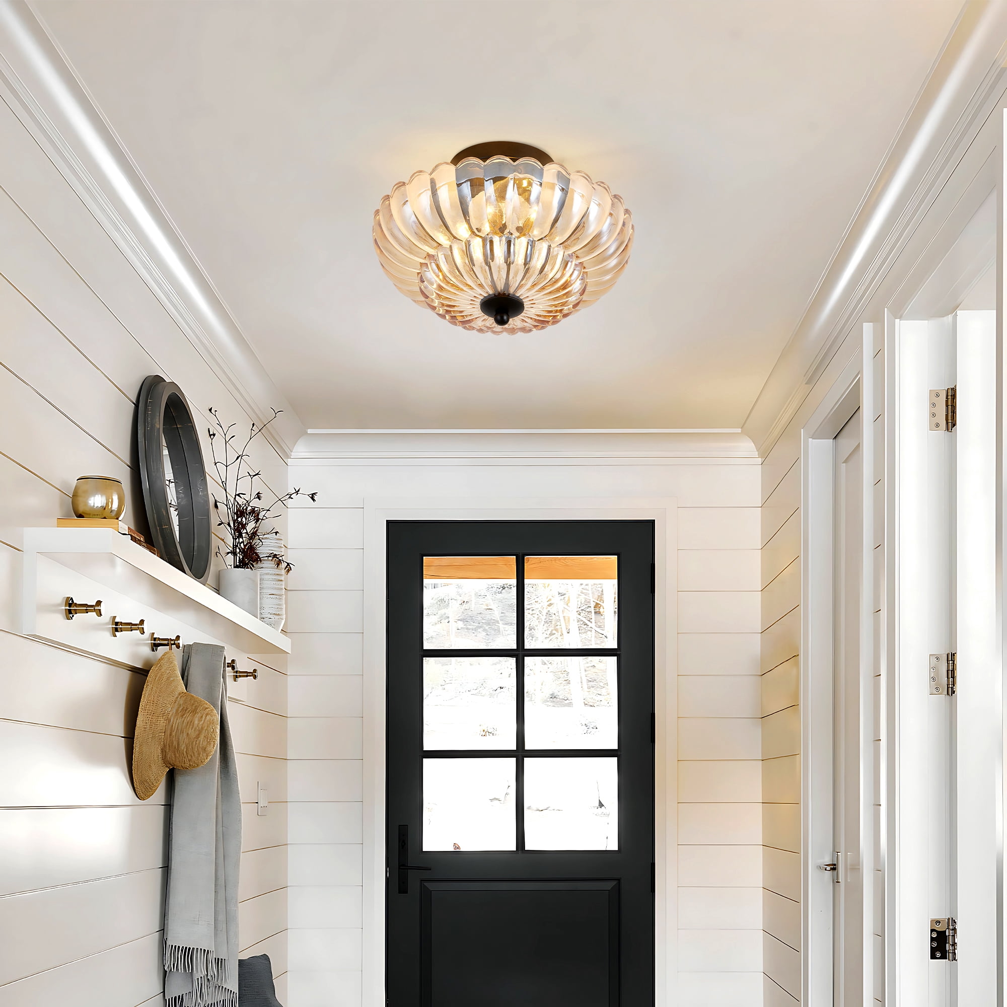 Leumius Semi Flush Mount Ceiling Light, 3-Light Close to Ceiling Light Fixtures with Flower Glass, Vintage Ceiling Lights for Hallway Living Room Kitchen Bedroom Bathroom, Amber+Black
