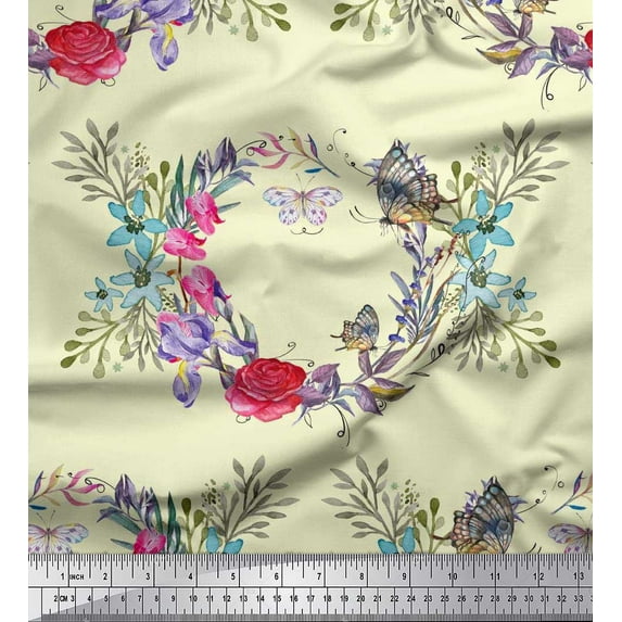 Soimoi Yellow Rayon Crepe Fabric Insect,Rose & Wreath Flower Printed Fabric 1 Yard 46 Inch Wide