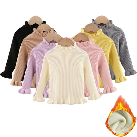 

Esaierr Toddler Baby Fleece Lined Sweater for Girls Ruffle Padded Jumper Pullover Innerwear Knitted Sweaters Autumn Winter Bottoming Shirt 1-5 Years