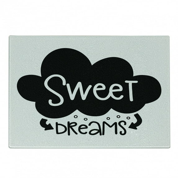Saying Cutting Board, Black Cloud with Small Arrows Pointing to Typographic Inspirational Words, Decorative Tempered Glass Cutting and Serving Board, Small Size, Black and White, by Ambesonne