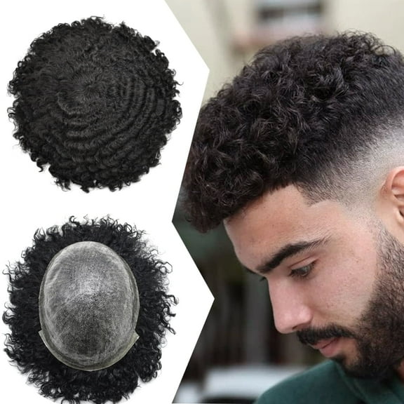 LYRICAL HAIR Toupee for Men All Poly Human Hair Replacement System African American Mens Toupee Hairpieces for Man Curly Hair Prosthesis for Man #1B OFF BLACK-12MM CURLY WAVE