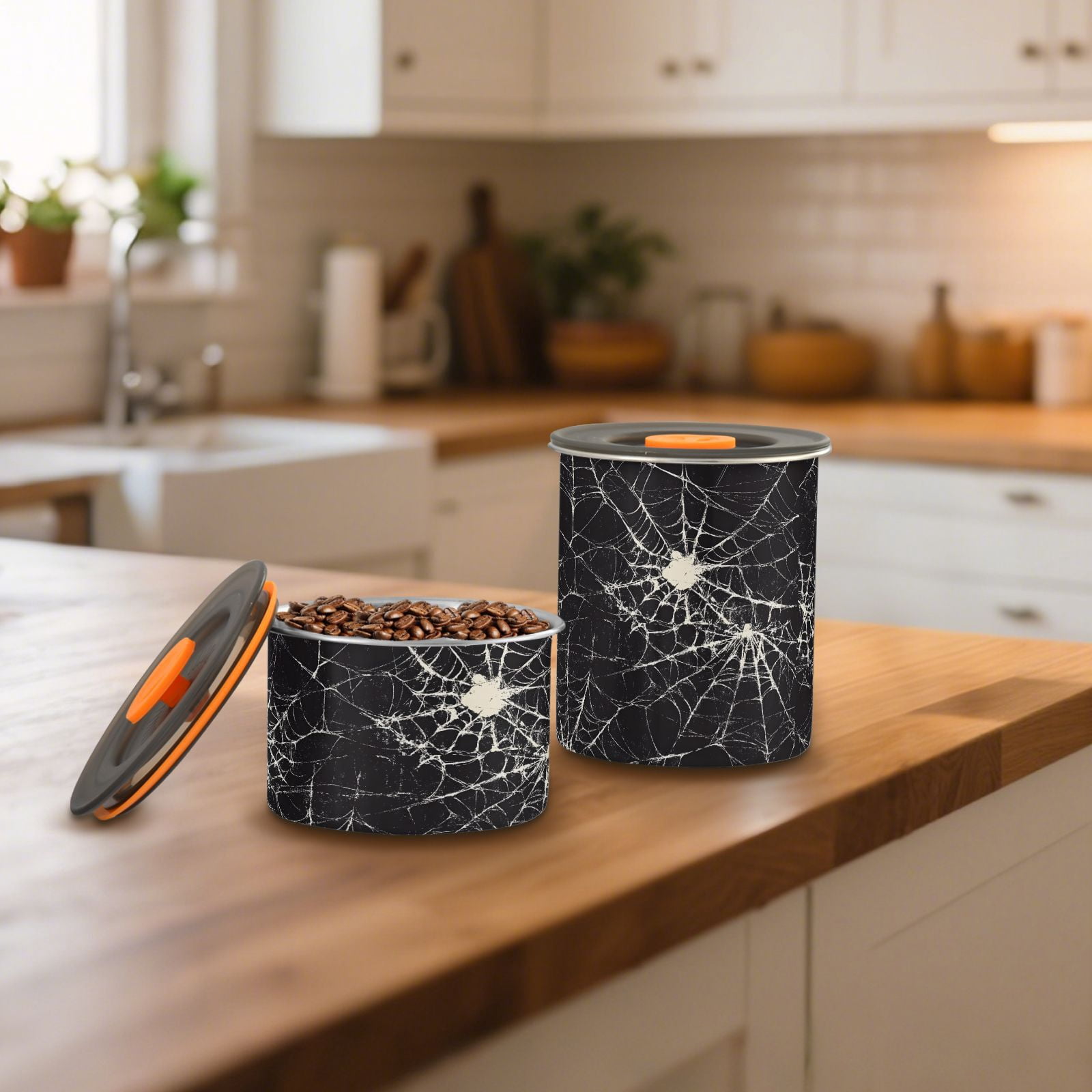 Halloween Spider Web Airtight Coffee Bean Canister 30oz Food Storage Containers with Lids For Gournd, Tea, Sugar, Flour, Rice, Cereal, Candy Cookie Jar