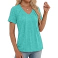 thumbnail image 2 of MOYIKO Women Summer T-Shirt V Neck Short Sleeve Pleats Basic Tee Shirt Lake Green Loose Fit Dressy Top L, 2 of 7