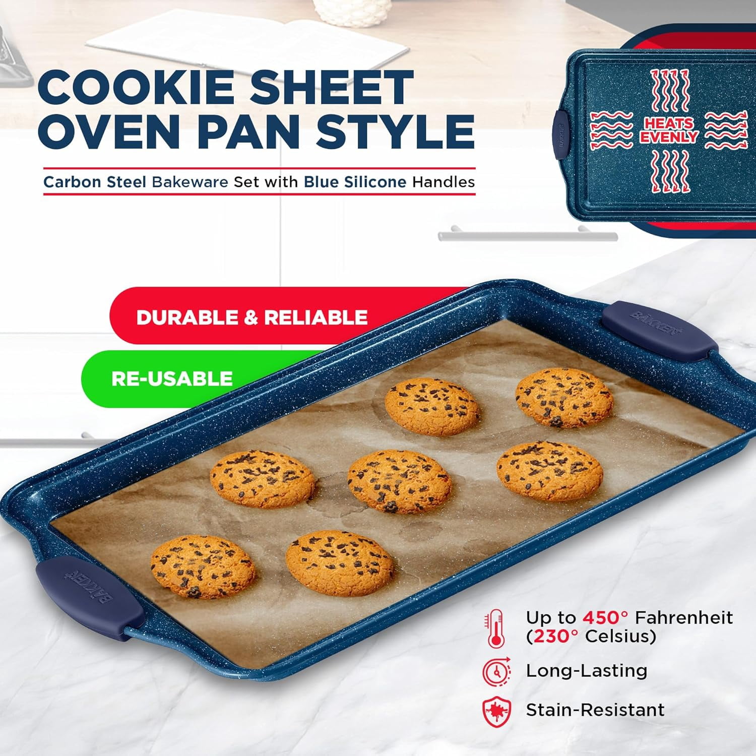 Bakken 8-Piece Non-Stick Bakeware Set – Carbon Steel, Red Silicone Handles, PFOA/PFOS/PTFE Free