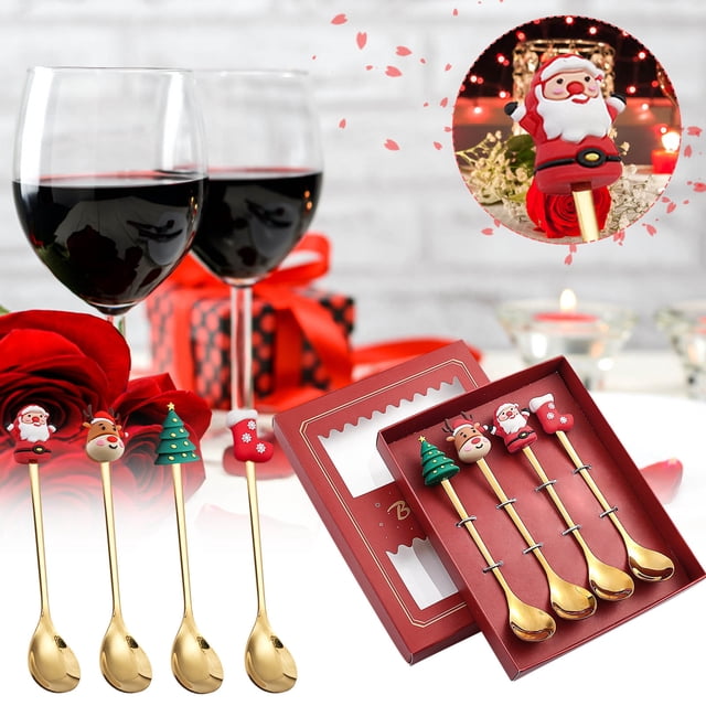 Fiudx Juego de Cucharas Navideñas de Acero Inoxidable, Diseño Festivo, Vajilla de 4 Piezas, Colgantes de Botas, Ciervos, Árboles y Coronas, Perfecto para Fiestas y Reuniones Familiares, Caja Lista pa
