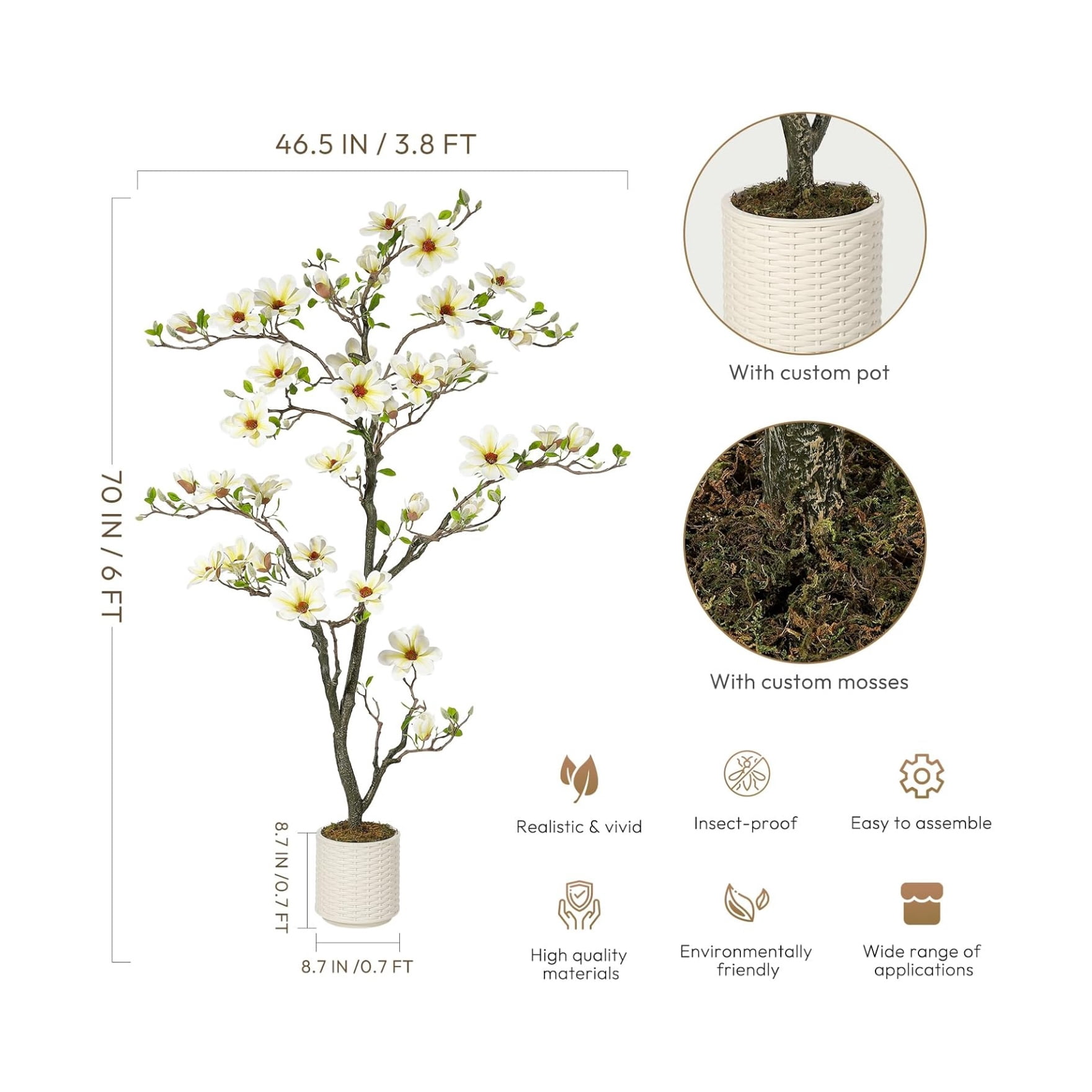 4/5/6 FT Faux Magnolia Plants Artificial Flower Trees Fake Plants for Yard Patio Home Office Arrangement Decor Indoor Outdoor Artificial Magnolia Tree Inc. 66 Realisc Flowers Vivid Leaves Mosses White