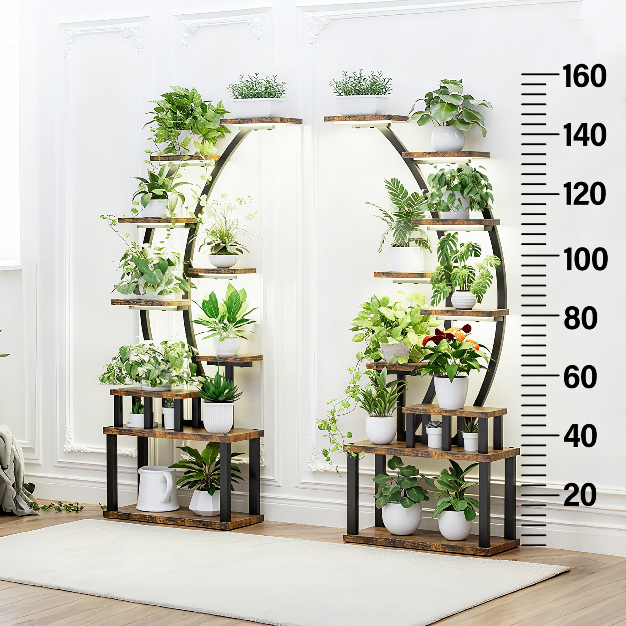 Aukfa 9-Tier Plant Stand with Full Spectrum Grow Lights & Timer, 63" Heavy Duty Tall Indoor Metal Plant Shelf, 2-Pack, Rustic Brown