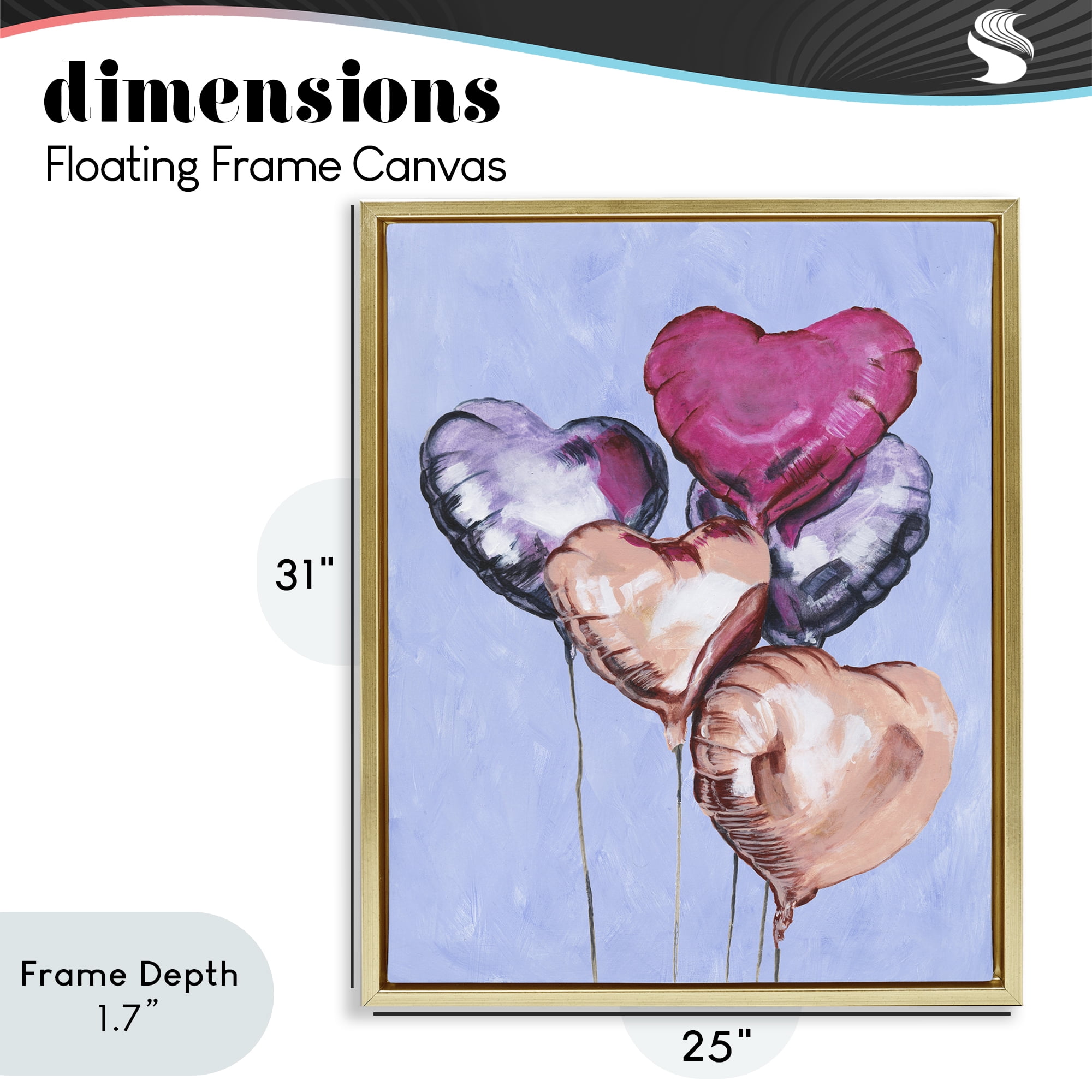 Stupell Industries Vibrant Heart Balloons Gold Framed Floater Canvas Wall Art, design by Michael Willett