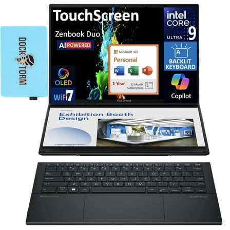 ASUS Zenbook DUO AI Powered 2-in-1 Laptop 14.0in Touchscreen OLED WUXGA Display (Intel Ultra 9-285H, 32GB LPDDR5X, 4TB PCIe SSD, Win 11 Home) w/Microsoft 365 Personal , DKZ USB Port Expander