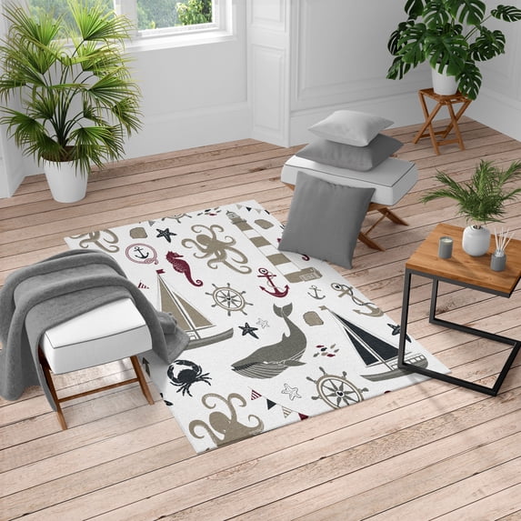 Nautical Turkish Area Rug, Pastel Colored Composition of Lighthouse Sailboat Fish Shells Octopus, Soft Carpet for Living Room Decor with Distressed Look, 5.2' X 7.6', Dark Tan and Maroon, by Ambesonne