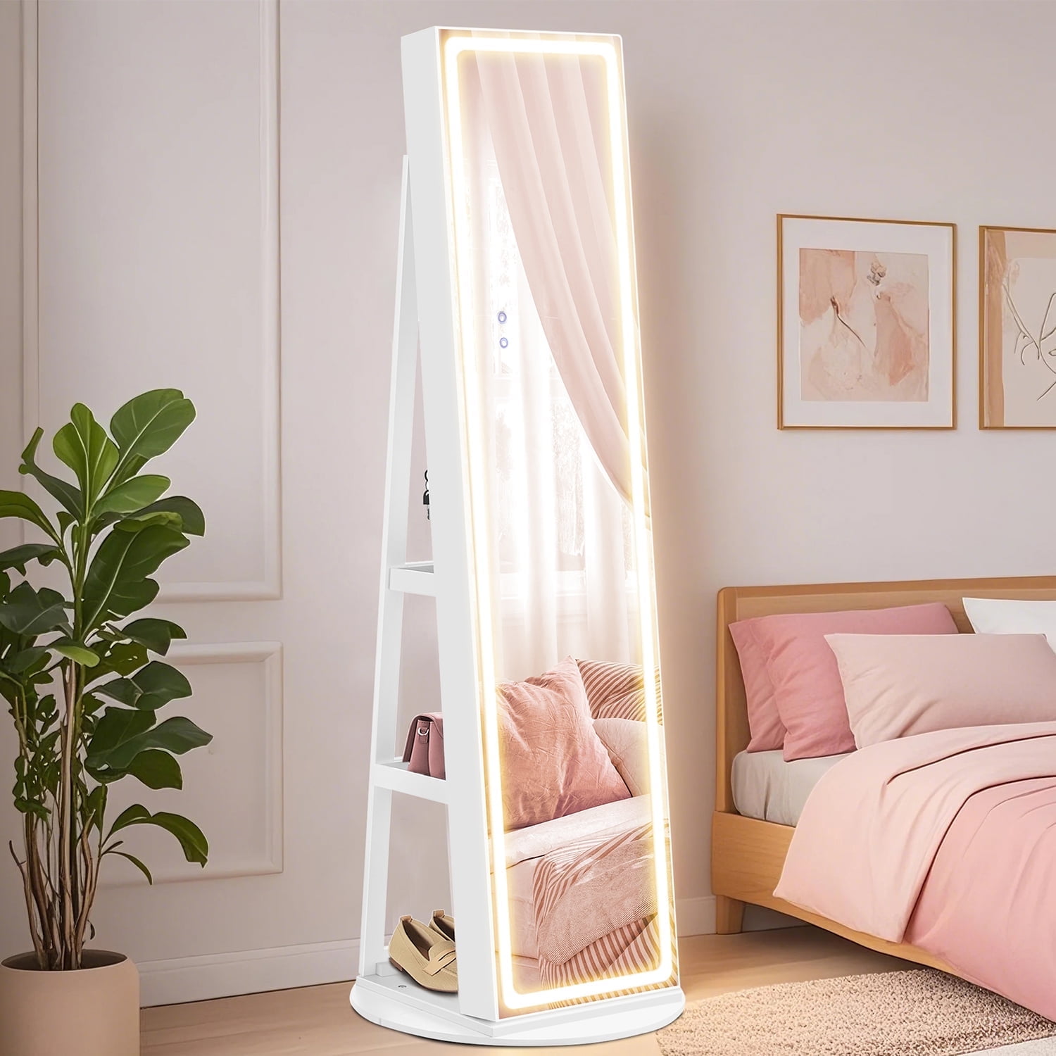 LEDREM Freestanding LED Jewelry Cabinet with Full-Length Mirror, Lockable Armoire with 108 Earring Slots and Vanity Table, Cloud White