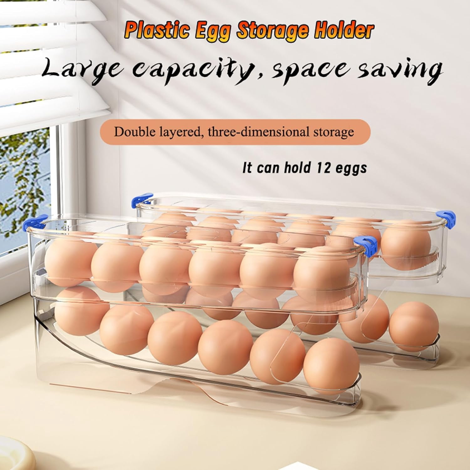 Egg Container for Refrigerator Clear Stackable Egg Holder for Kitchen Storage and Organization (Dark Brown, 2 Tier)