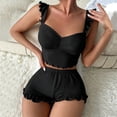 thumbnail image 3 of FRSASU 2 Piece Pajama Set for Women Ruffle Strap Ruched Sleeveless Ribbed Knit Cami Top and Ruffle Shorts Summer Loungewear Black-A, 3 of 6