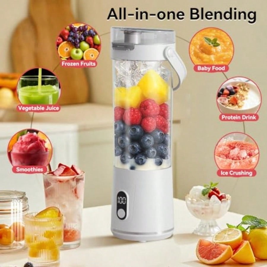 Portable Personal Electric USB Juicer 600ML Mini Blender Portable Blender For Shakes and Smoothies juice 12 Blades Great for Mixing Compact Convenient and Versatile white