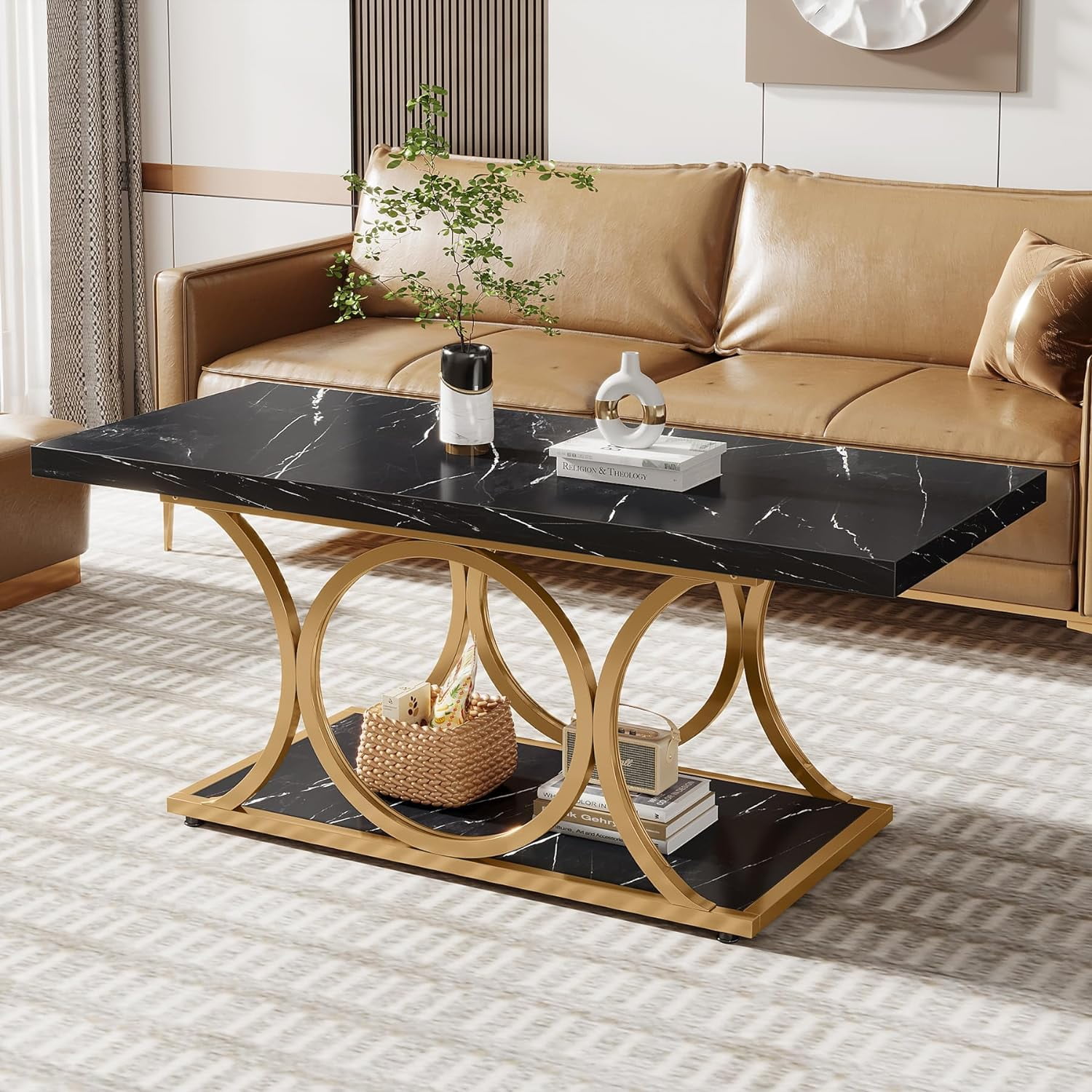 Tribesigns 47.24-inch Rectangle Coffee Table, 2-Tier Faux Marble Coffee Tables for Living Room, Black Gold