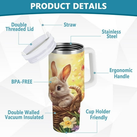 

BZSMCE Tumbler 40oz Insulated Stainless Creative Cute Rabbit on Easter Basket Pattern Steel Water Bottles
