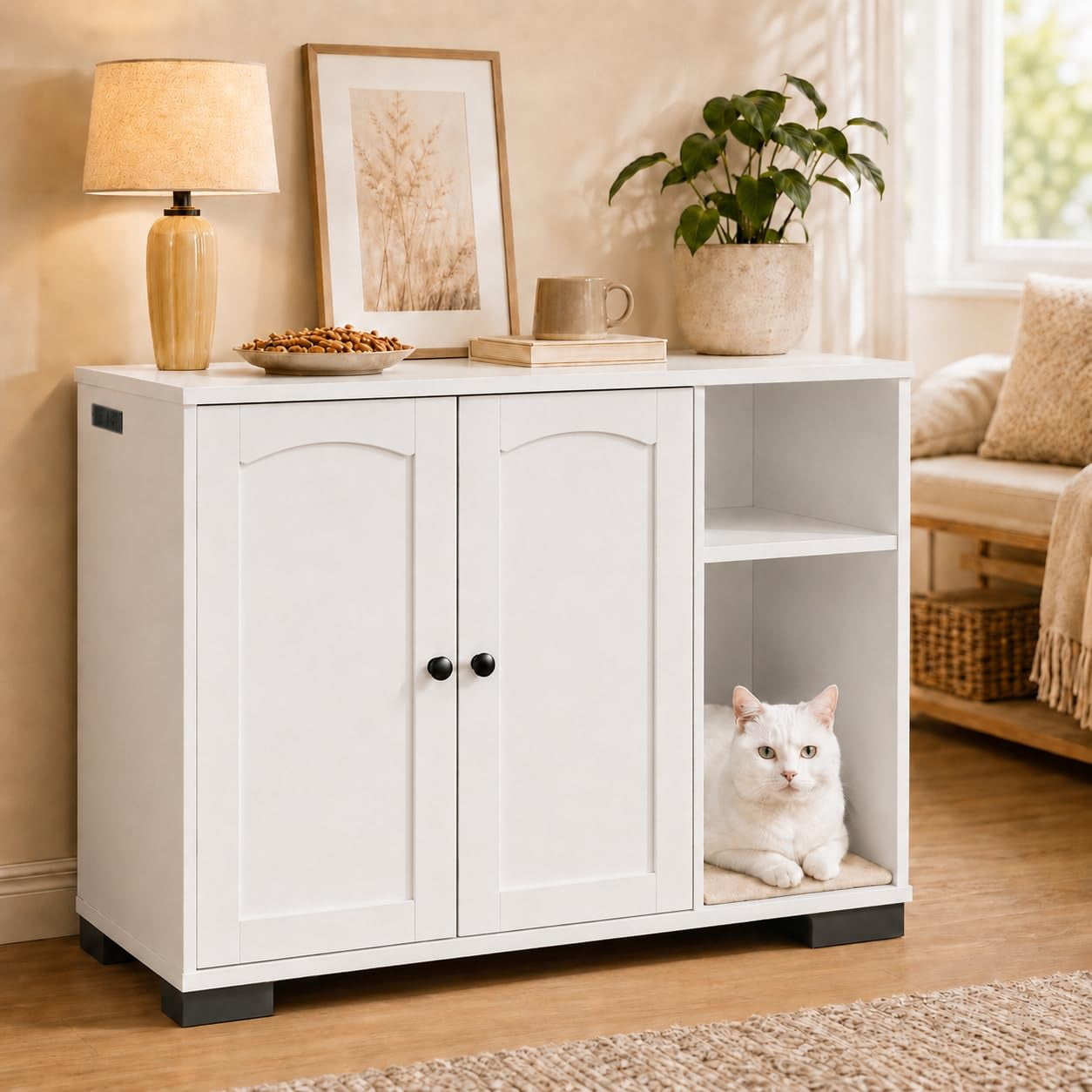 Large Dog-Proof Cat Litter Box Furniture Pet Cabinet with Side Outlet and Long Power Cord