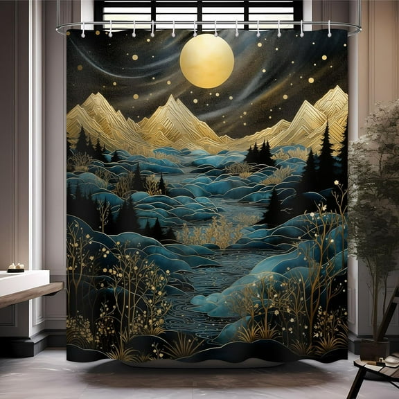 Mountain Shower Curtain Boho Mid Century Golden Moun Starry Moon River Plants Abstract Nature Landscape Bathroom Decor Set Waterproof Bathtub Curtain with 12 Hooks 72x72 inches