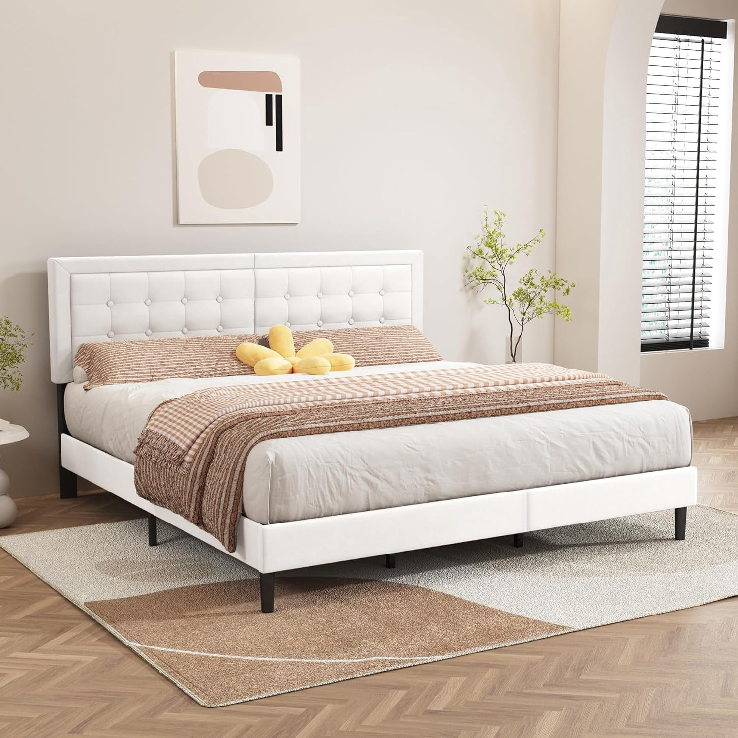 King Size White Modern Upholstered Platform Bed Frame with Button Tufting Headboard Solid Wood Slats Support No Box Spring Needed Easy Assembly