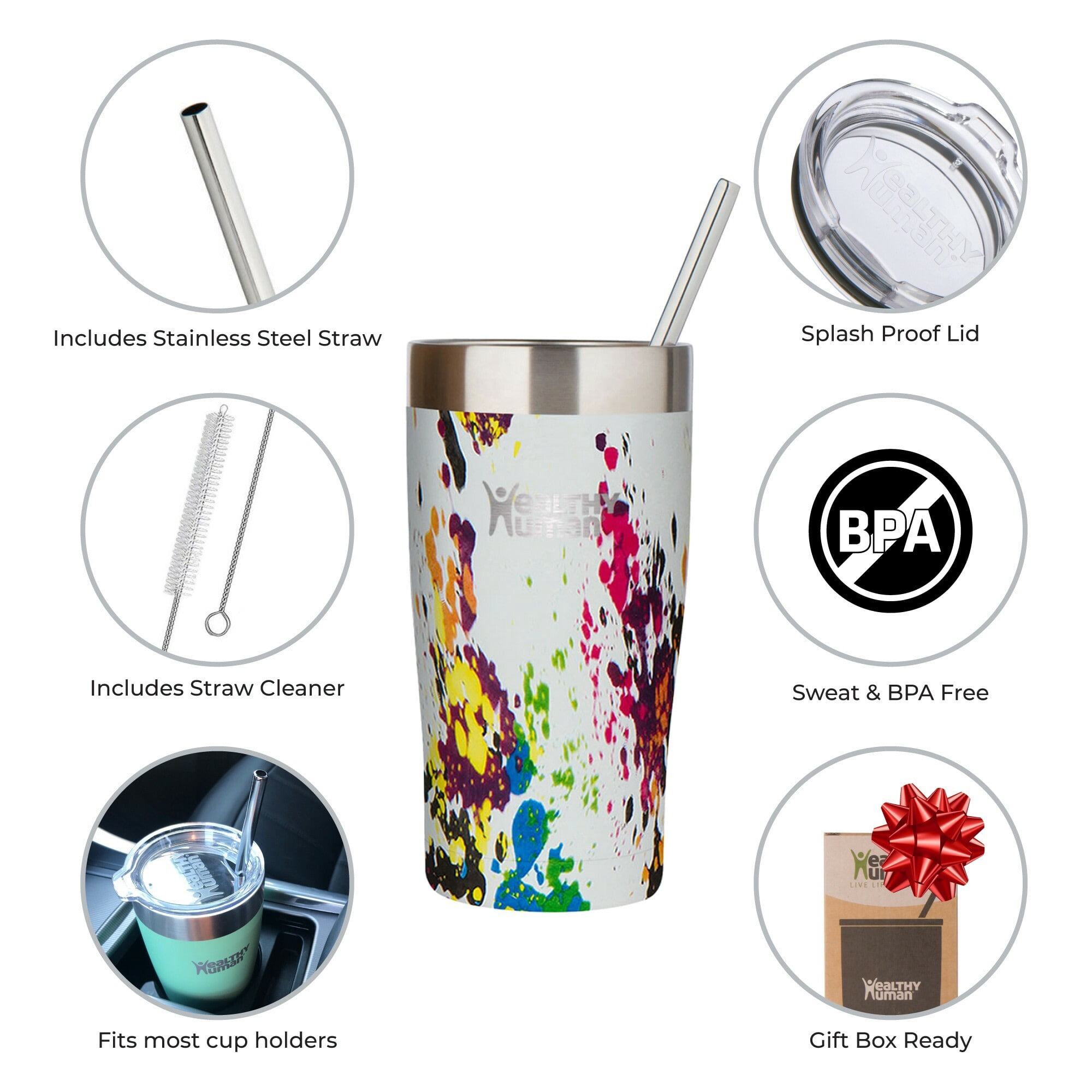 Healthy Human Stainless Steel Tumbler with Straw & Lid | Splash Proof Insulated Travel Cup | Eco-Friendly Coffee Tumblers | Water Cups with Straws Cleaner and Splash Proof Lids (20oz, Art Deco)
