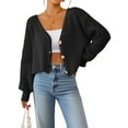 thumbnail image 3 of Women'S Long Sleeve V-Neck Button Down Rib Knit Cropped Cardigan Sweater Black XL, 3 of 9
