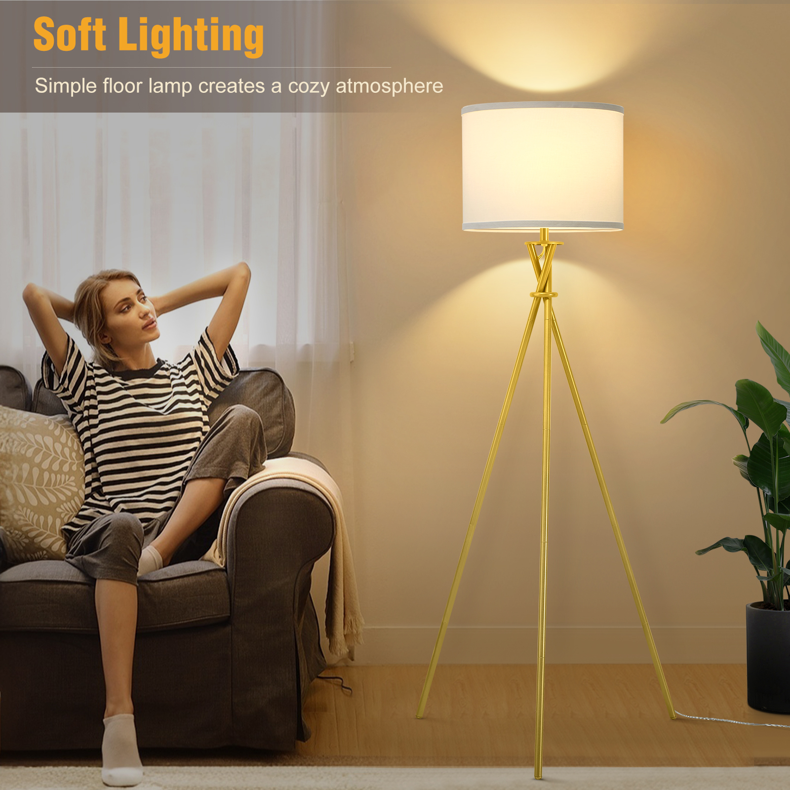 NATYSWAN 61" Gold Tripod Floor Lamp with White Shade photo 6